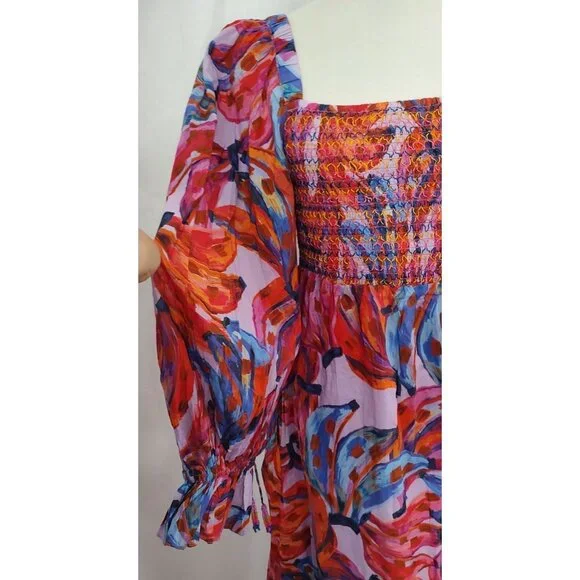 FARM Rio Maxi Dress L Coloured Bananas Puff Sleeves Smocked Tropical - Picture 10 of 15